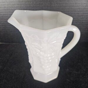 Anchor Hocking Grape Leaf Milk Glass Grape Leaf Pattern, Octagonal Pitcher